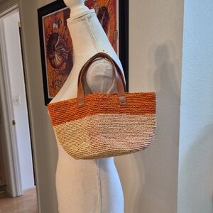 Mapoesie Cylindrical Straw Tote Block Color Orange Jute & Pink Hue
